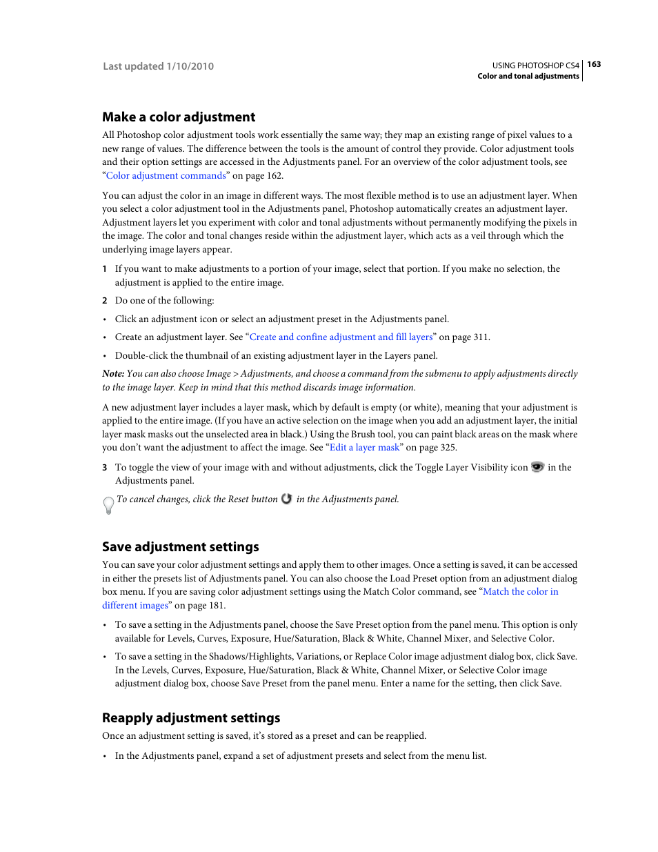 Make a color adjustment, Save adjustment settings, Reapply adjustment settings | Adobe Photoshop CS4 User Manual | Page 170 / 707