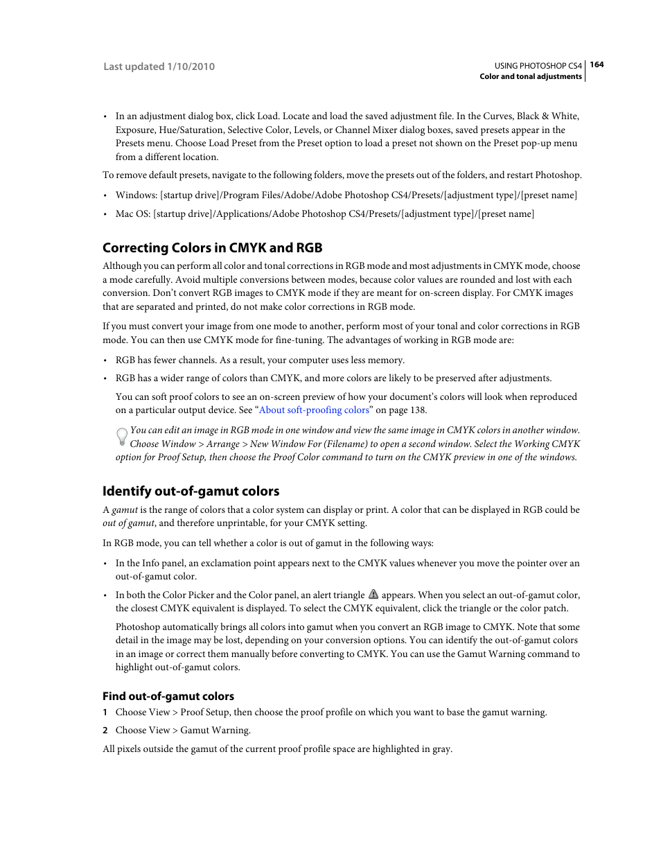 Correcting colors in cmyk and rgb, Identify out-of-gamut colors, Find out-of-gamut colors | Adobe Photoshop CS4 User Manual | Page 171 / 707