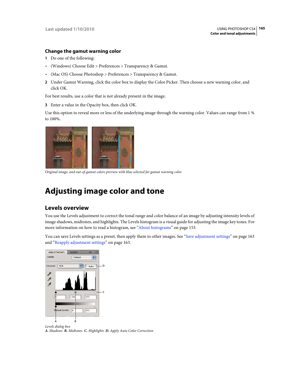 Change the gamut warning color, Adjusting image color and tone, Levels overview | Adobe Photoshop CS4 User Manual | Page 172 / 707