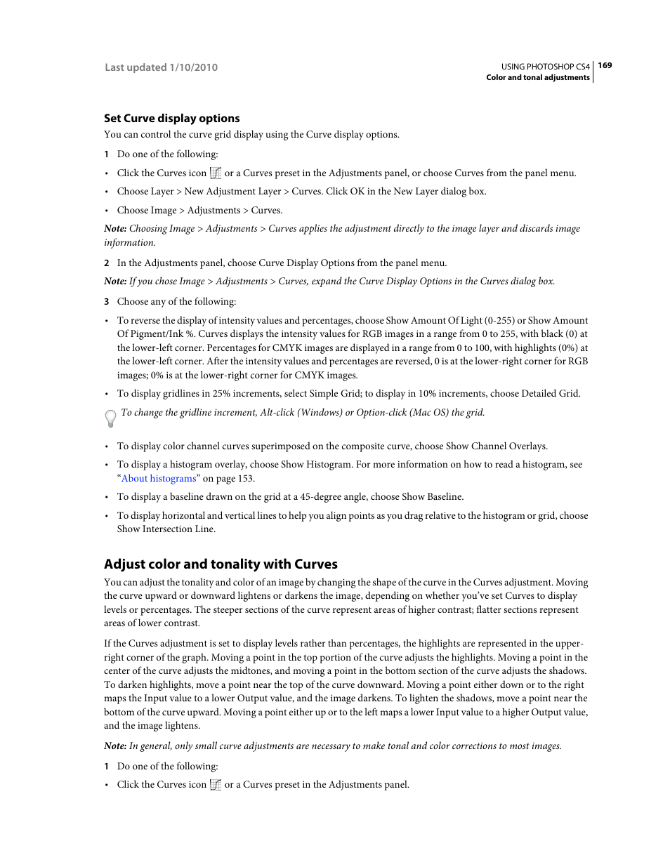 Set curve display options, Adjust color and tonality with curves | Adobe Photoshop CS4 User Manual | Page 176 / 707