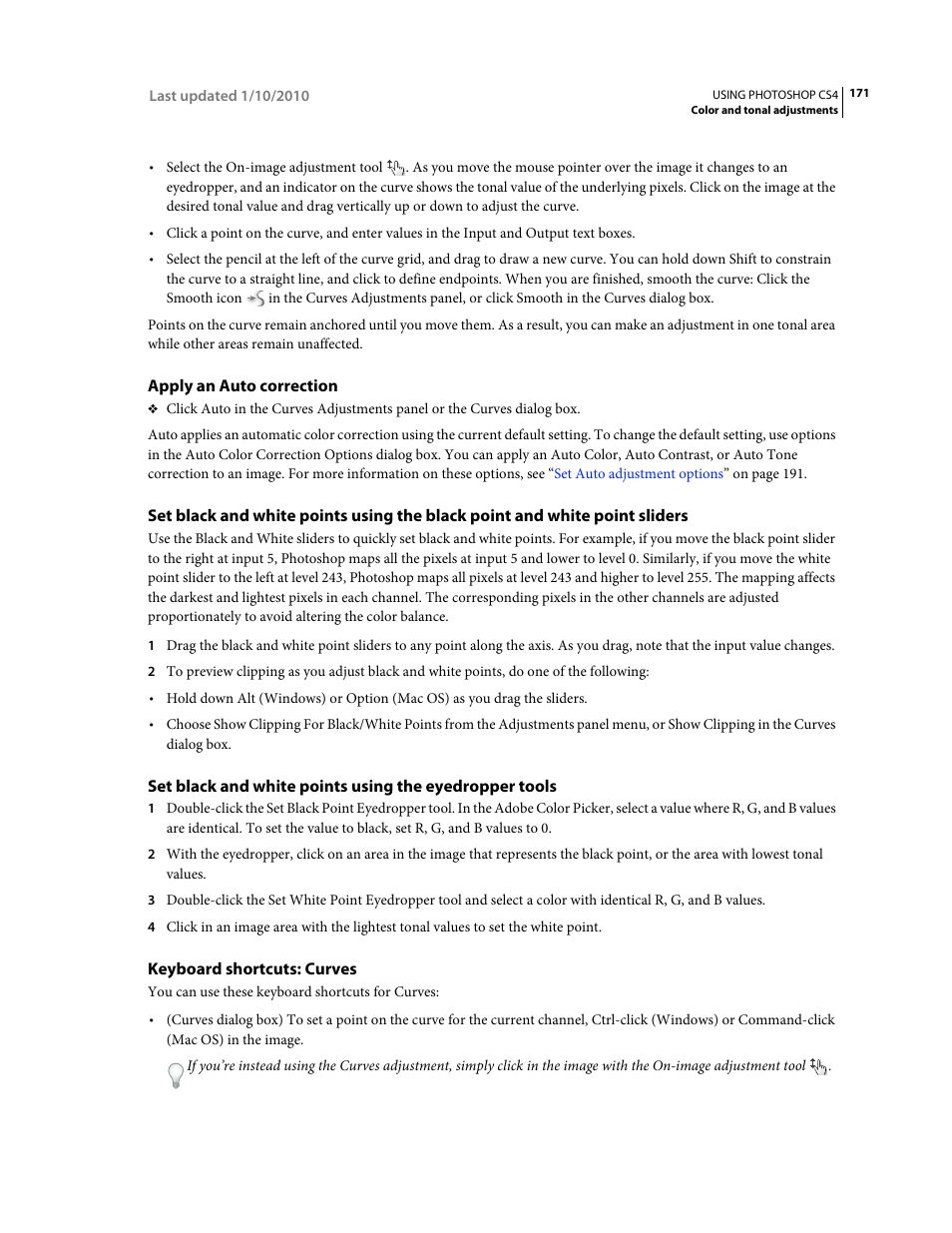 Apply an auto correction, Keyboard shortcuts: curves | Adobe Photoshop CS4 User Manual | Page 178 / 707