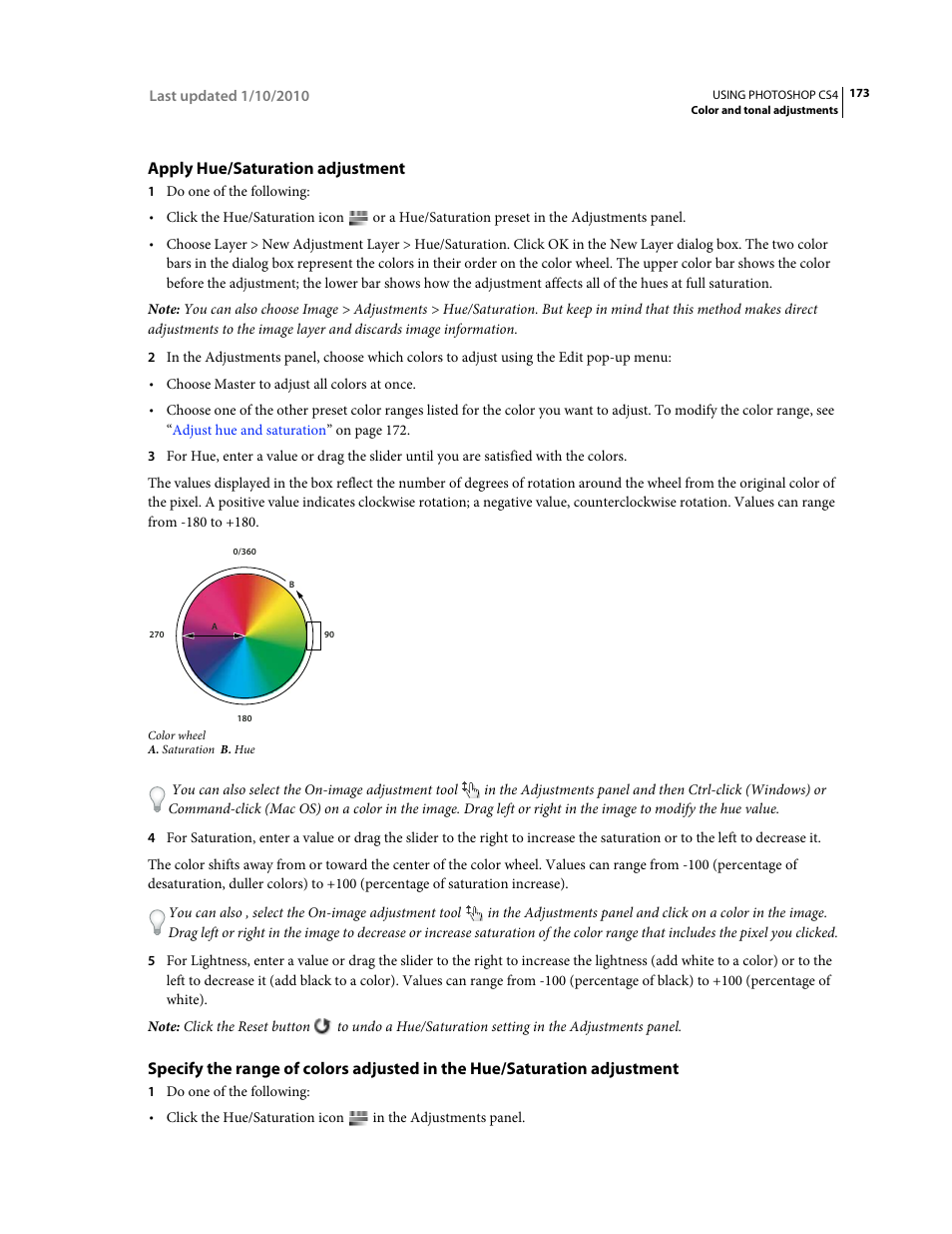 Apply hue/saturation adjustment | Adobe Photoshop CS4 User Manual | Page 180 / 707