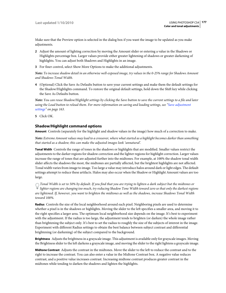 Shadow/highlight command options | Adobe Photoshop CS4 User Manual | Page 184 / 707