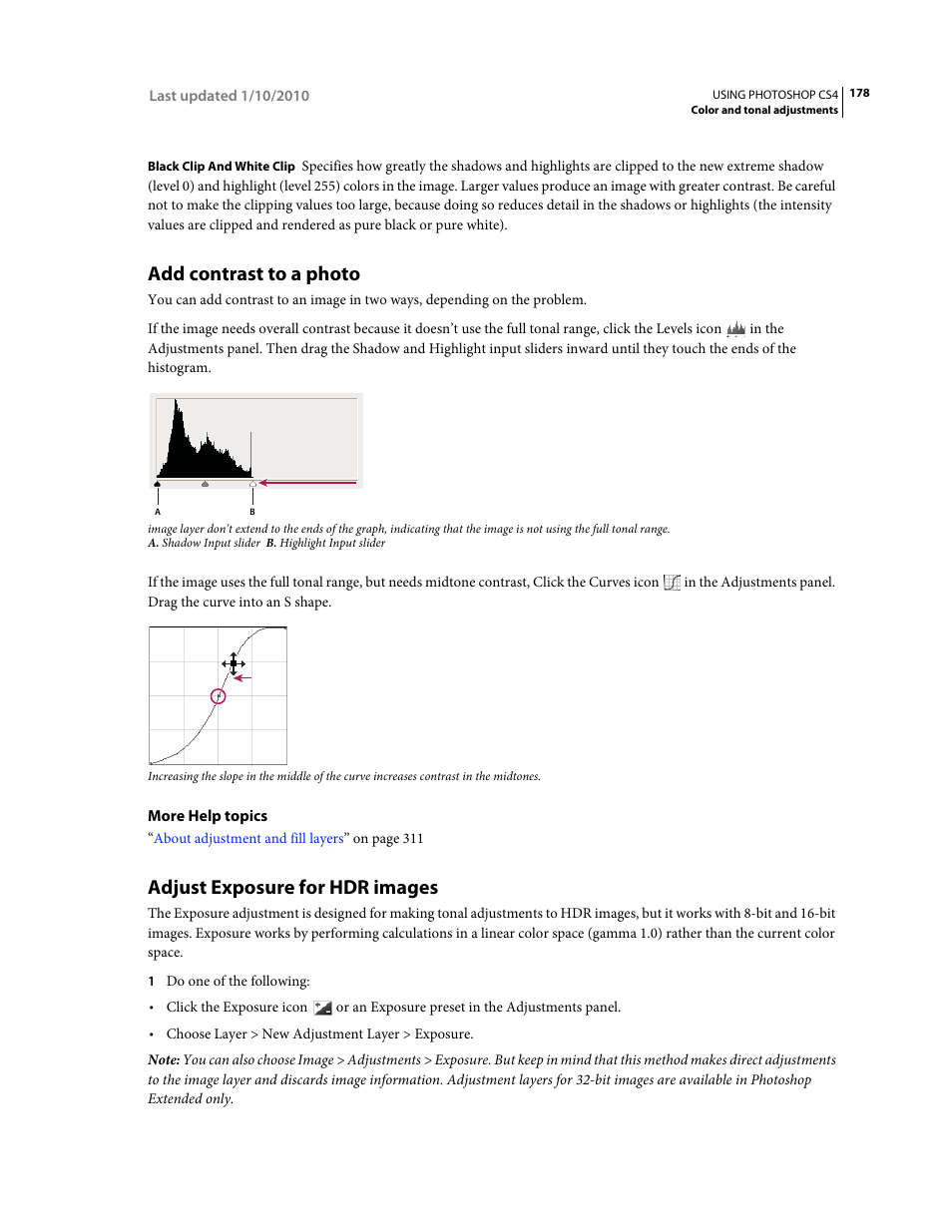 Add contrast to a photo, Adjust exposure for hdr images | Adobe Photoshop CS4 User Manual | Page 185 / 707