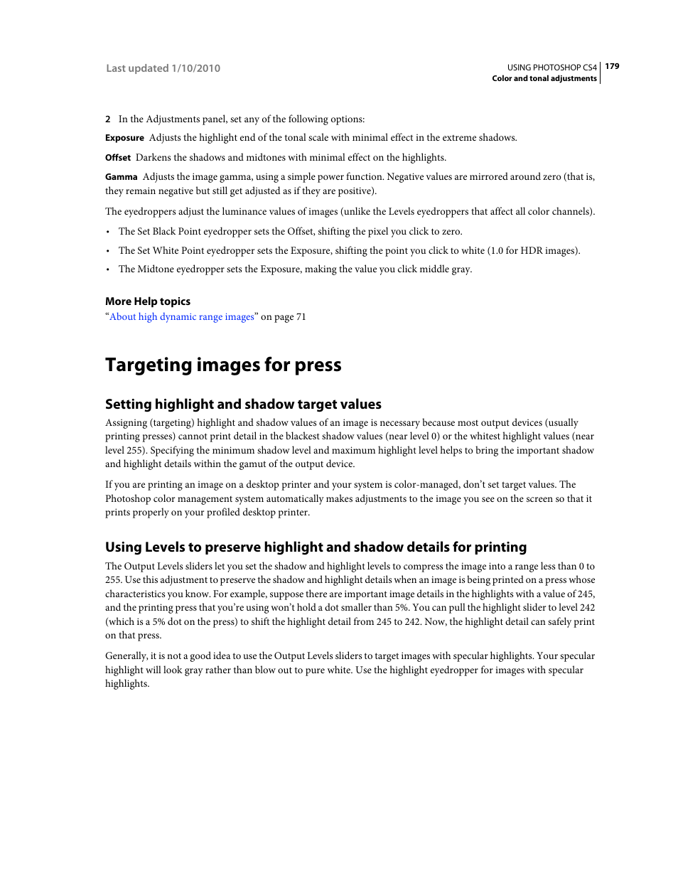 Targeting images for press, Setting highlight and shadow target values, Setting highlight and shadow | Target values | Adobe Photoshop CS4 User Manual | Page 186 / 707