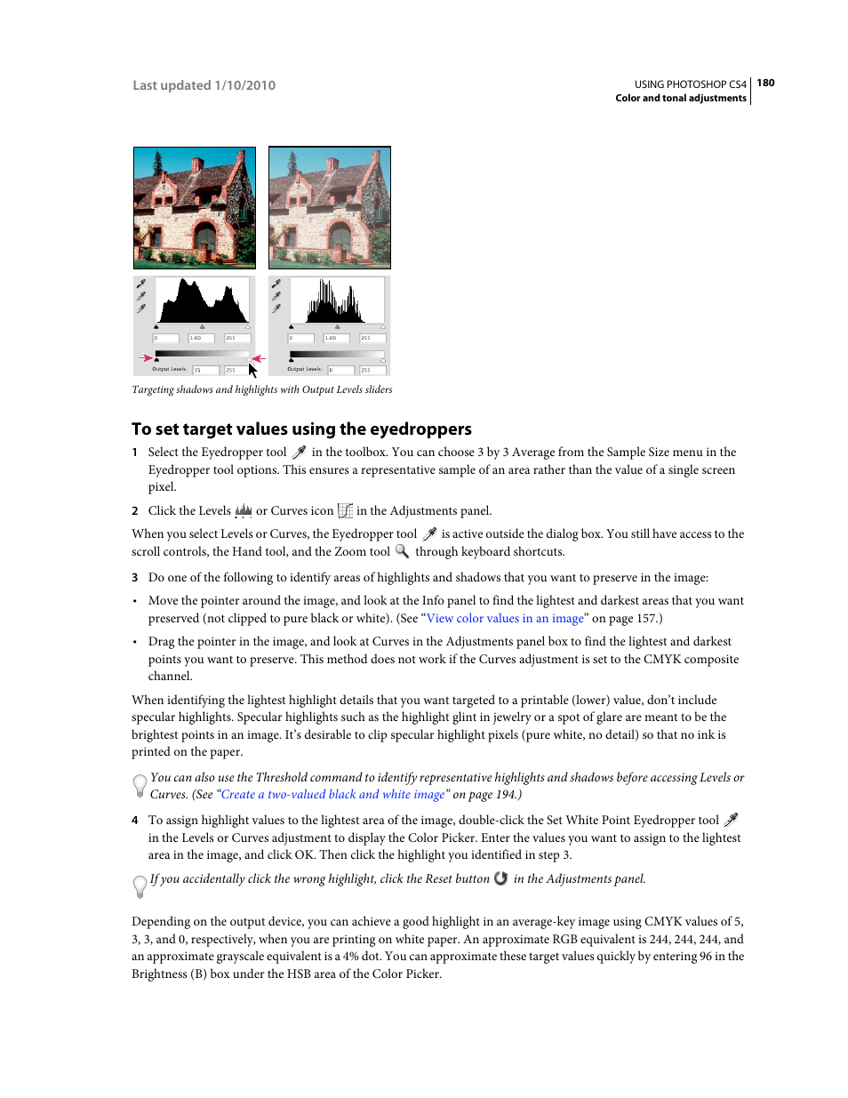 To set target values using the eyedroppers | Adobe Photoshop CS4 User Manual | Page 187 / 707