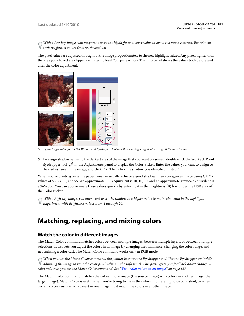 Matching, replacing, and mixing colors, Match the color in different images, Match the color in | Different images | Adobe Photoshop CS4 User Manual | Page 188 / 707