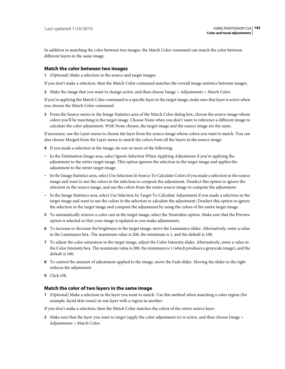 Match the color between two images, Match the color of two layers in the same image | Adobe Photoshop CS4 User Manual | Page 189 / 707