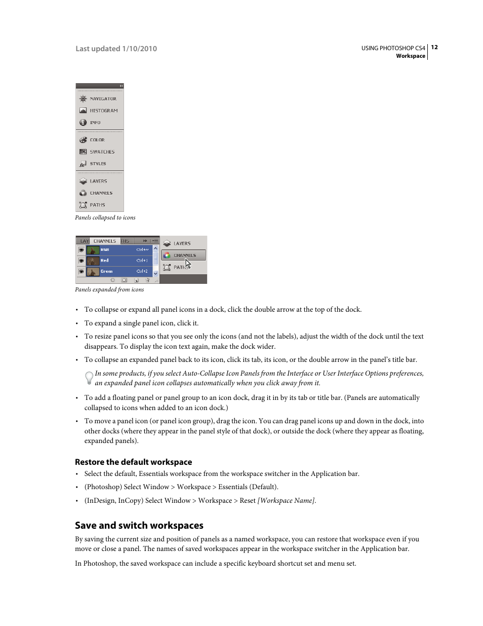 Restore the default workspace, Save and switch workspaces | Adobe Photoshop CS4 User Manual | Page 19 / 707