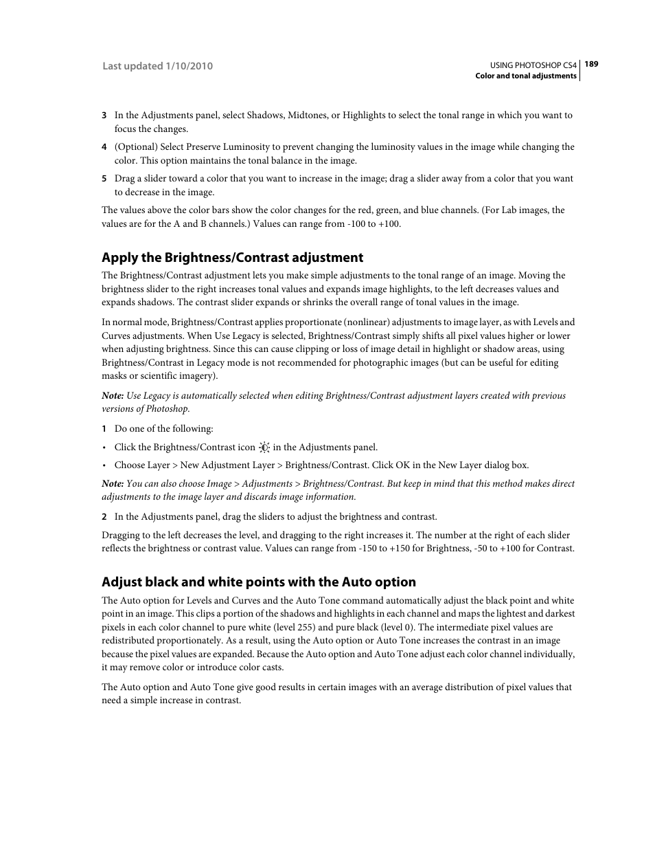 Apply the brightness/contrast adjustment, Adjust black and white points with the auto option | Adobe Photoshop CS4 User Manual | Page 196 / 707