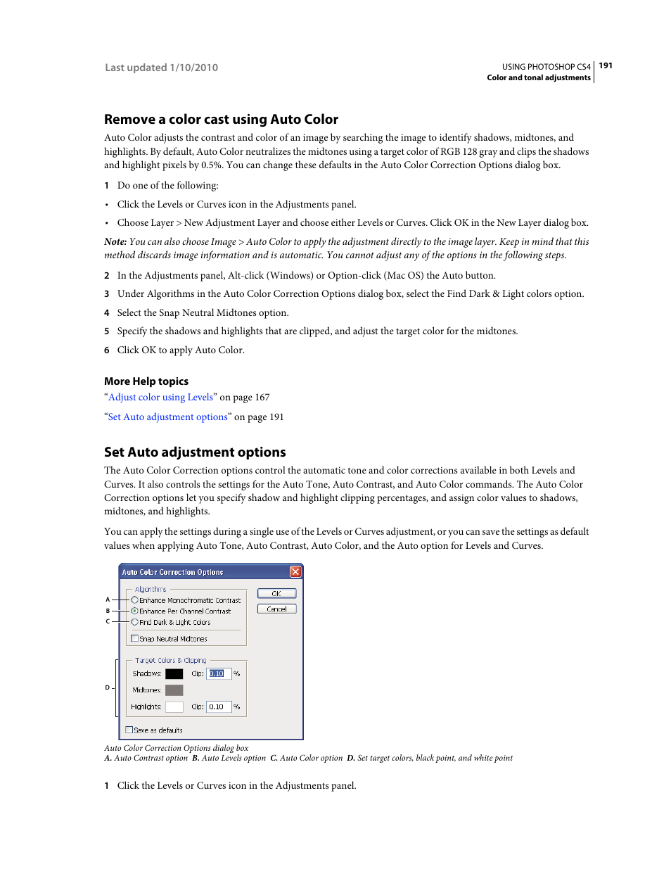 Remove a color cast using auto color, Set auto adjustment options | Adobe Photoshop CS4 User Manual | Page 198 / 707