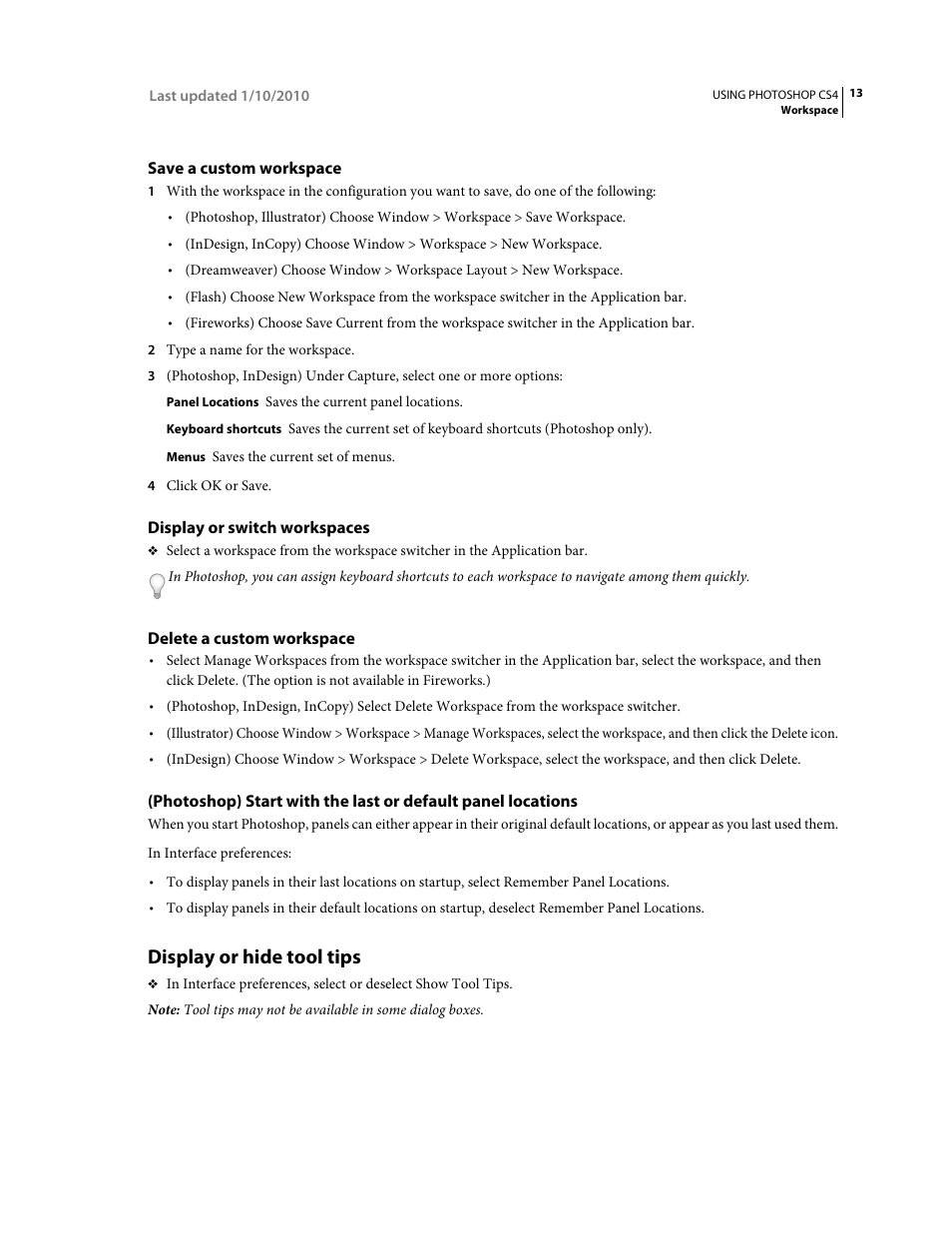 Save a custom workspace, Display or switch workspaces, Delete a custom workspace | Display or hide tool tips | Adobe Photoshop CS4 User Manual | Page 20 / 707