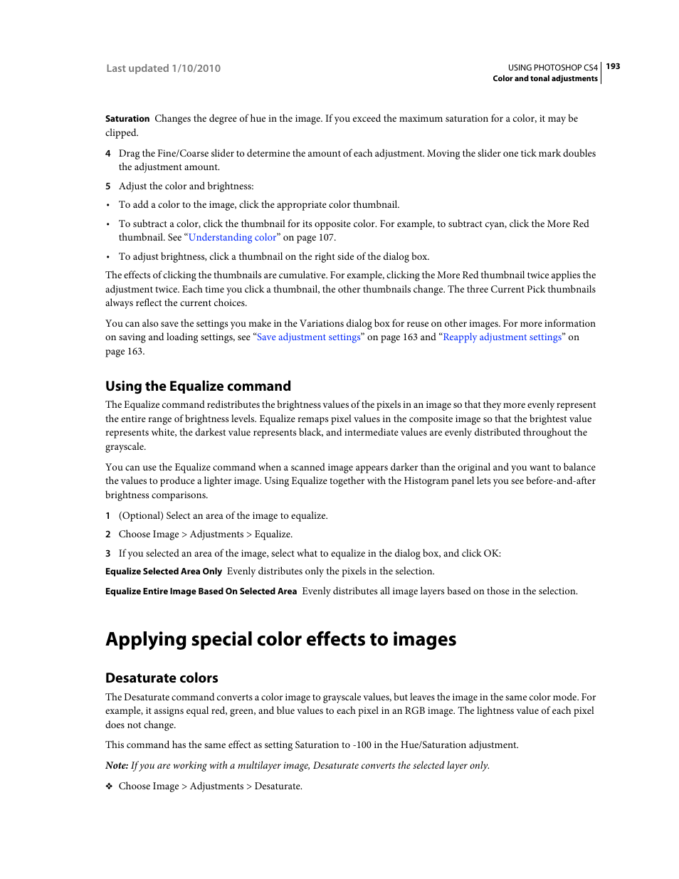 Using the equalize command, Applying special color effects to images, Desaturate colors | Adobe Photoshop CS4 User Manual | Page 200 / 707