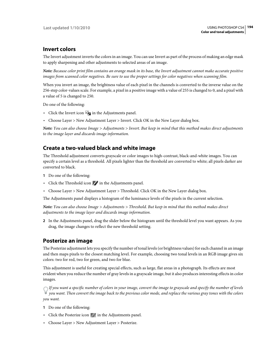 Invert colors, Create a two-valued black and white image, Posterize an image | Adobe Photoshop CS4 User Manual | Page 201 / 707
