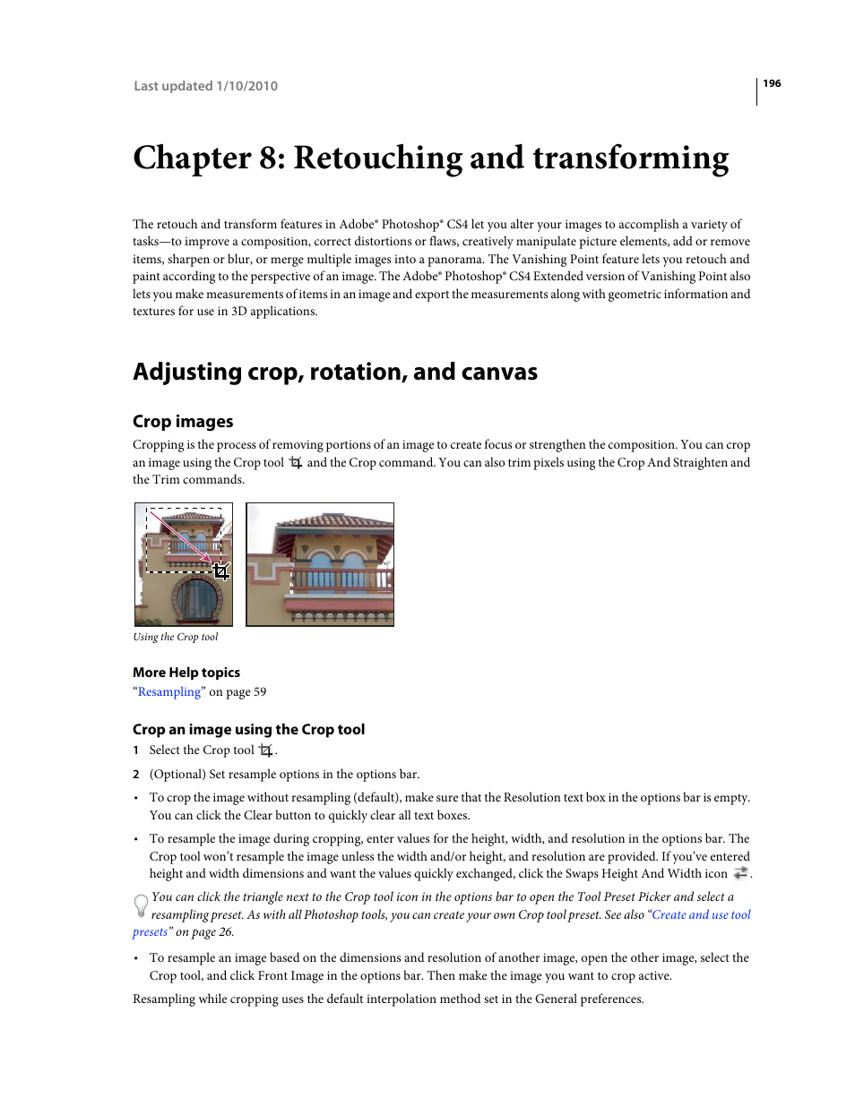 Chapter 8: retouching and transforming, Adjusting crop, rotation, and canvas, Crop images | Crop an image using the crop tool, Retouching and transforming | Adobe Photoshop CS4 User Manual | Page 203 / 707