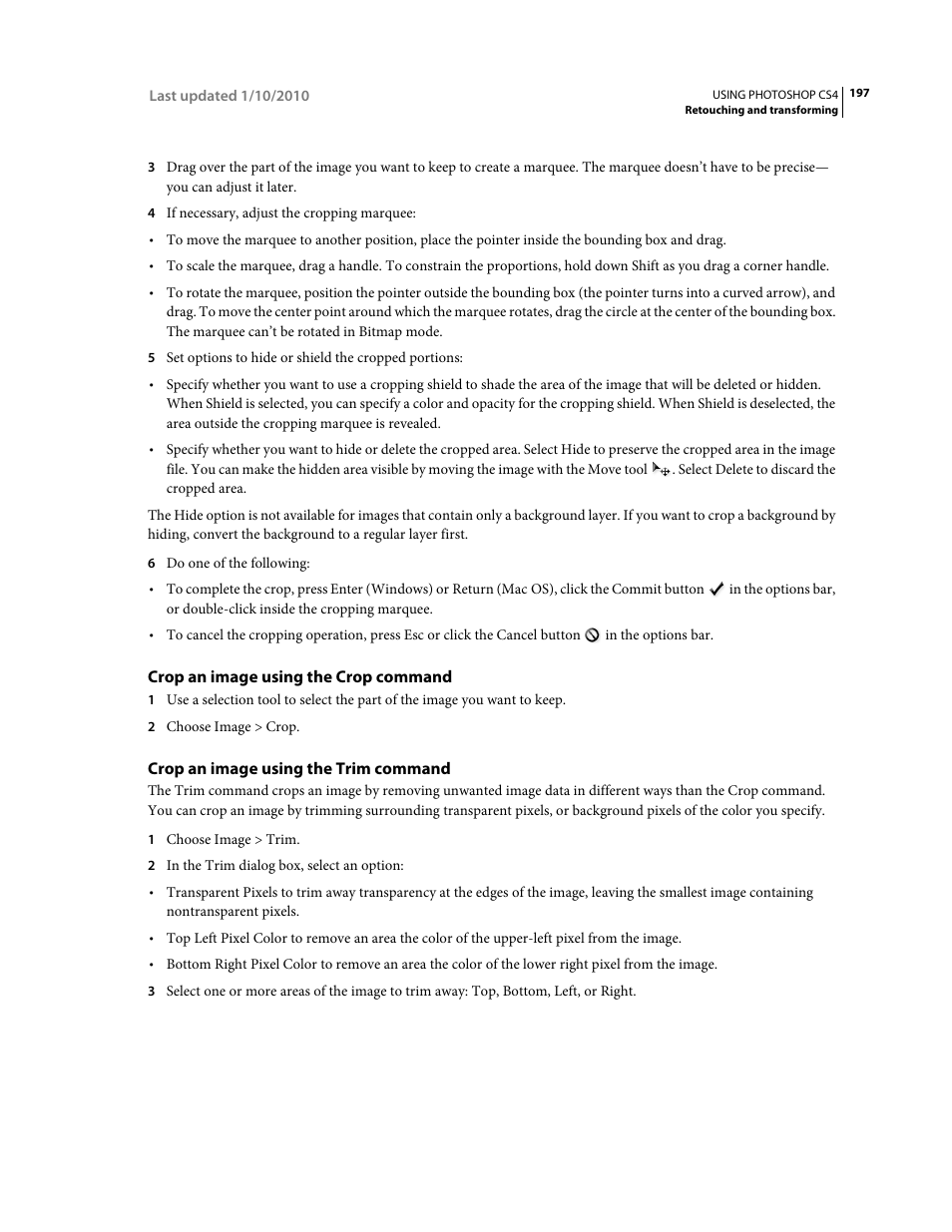 Crop an image using the crop command, Crop an image using the trim command | Adobe Photoshop CS4 User Manual | Page 204 / 707