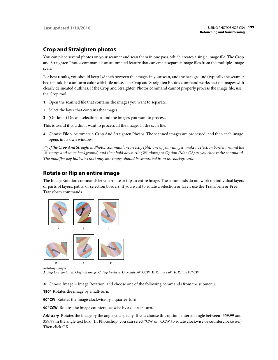 Crop and straighten photos, Rotate or flip an entire image | Adobe Photoshop CS4 User Manual | Page 206 / 707