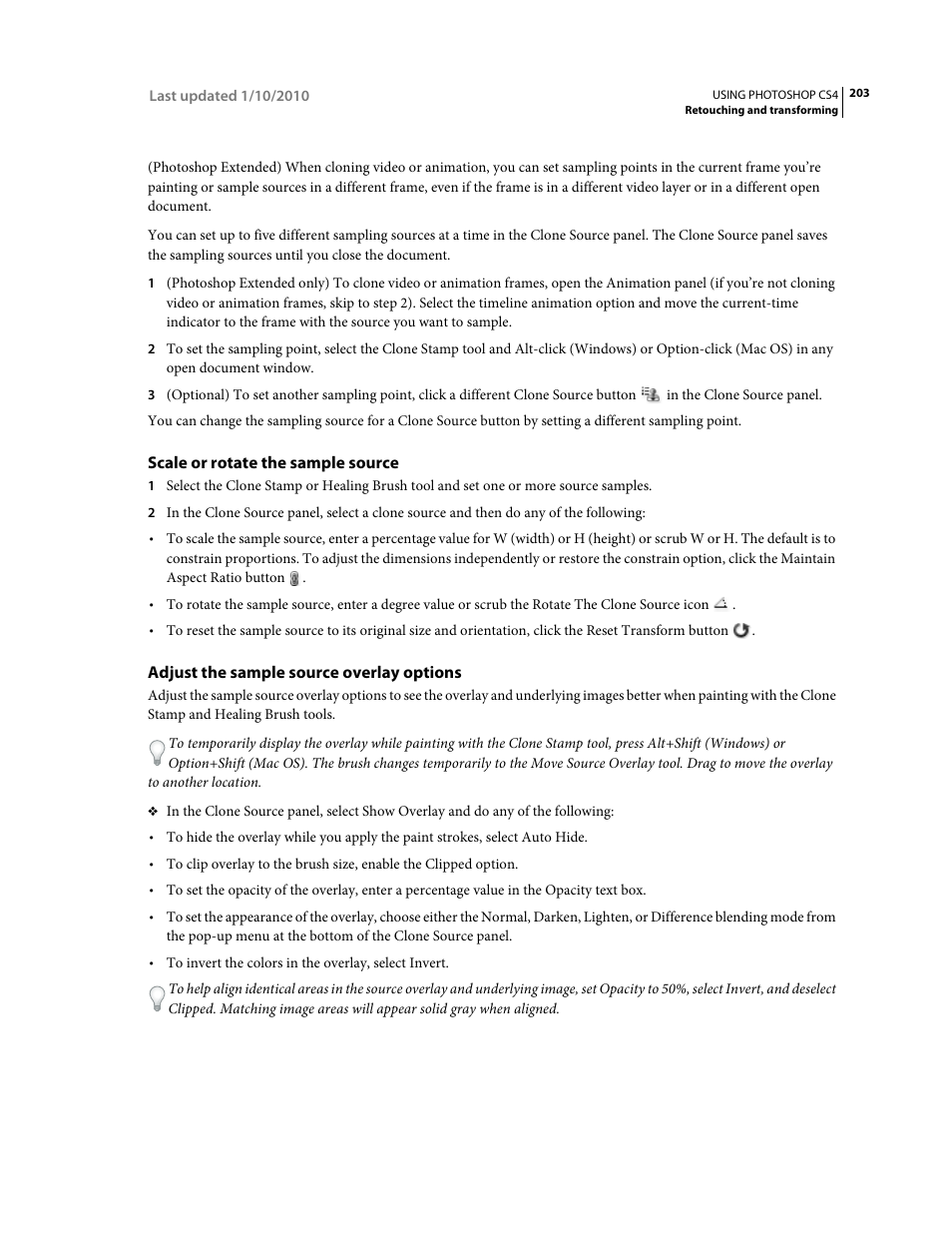 Scale or rotate the sample source, Adjust the sample source overlay options | Adobe Photoshop CS4 User Manual | Page 210 / 707