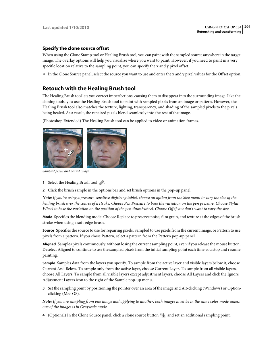 Specify the clone source offset, Retouch with the healing brush tool | Adobe Photoshop CS4 User Manual | Page 211 / 707