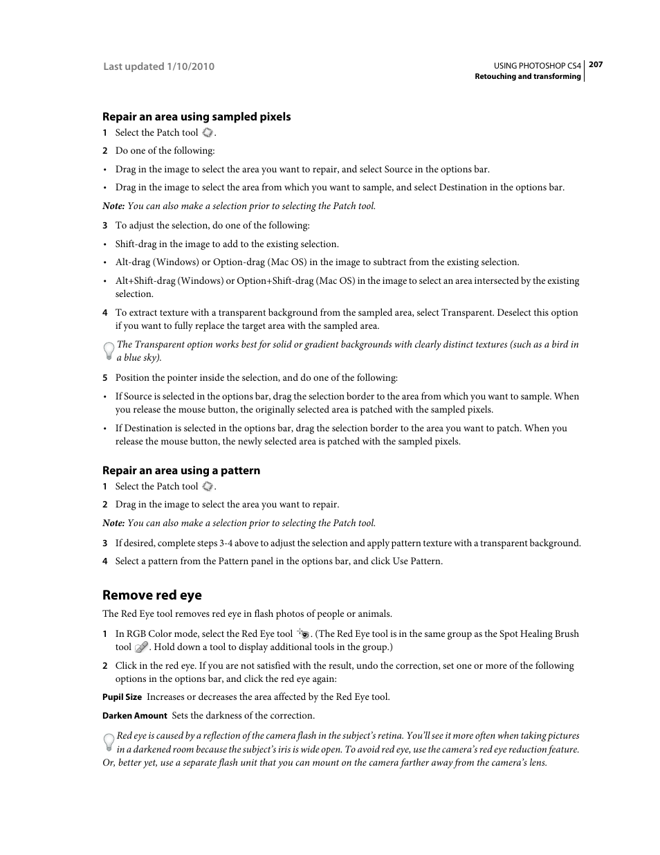 Repair an area using sampled pixels, Repair an area using a pattern, Remove red eye | Adobe Photoshop CS4 User Manual | Page 214 / 707