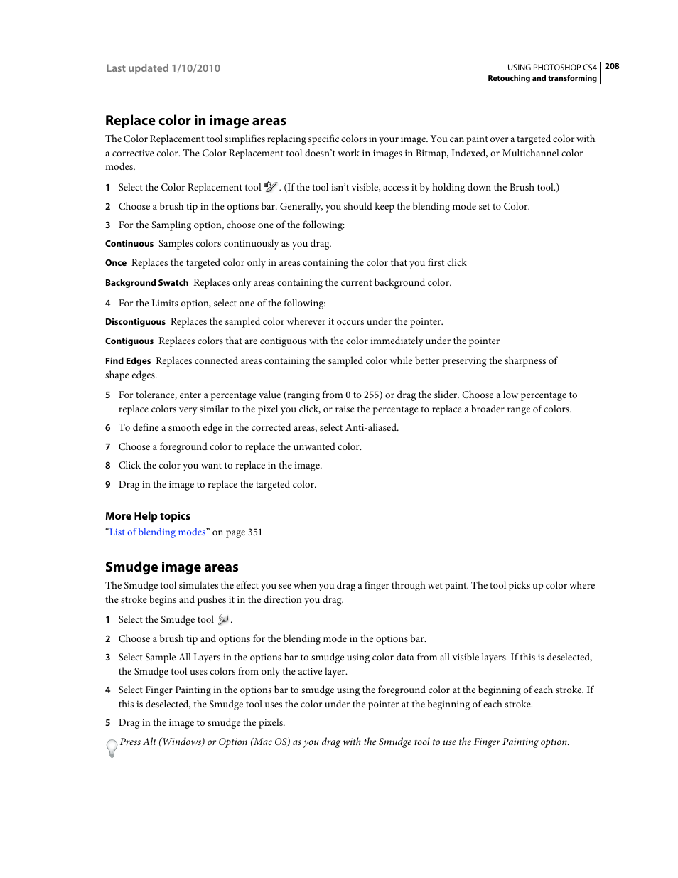 Replace color in image areas, Smudge image areas | Adobe Photoshop CS4 User Manual | Page 215 / 707