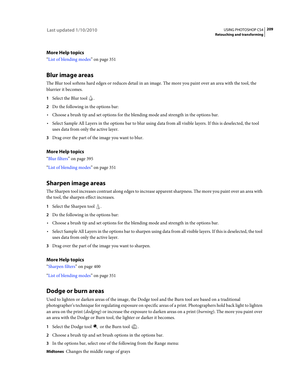Blur image areas, Sharpen image areas, Dodge or burn areas | Adobe Photoshop CS4 User Manual | Page 216 / 707
