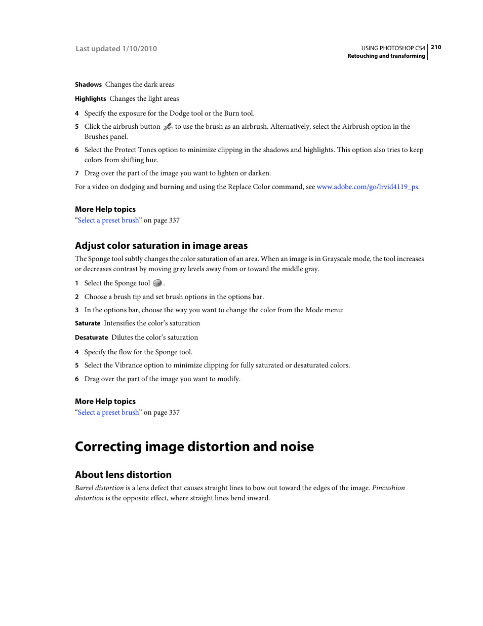 Adjust color saturation in image areas, Correcting image distortion and noise, About lens distortion | Adobe Photoshop CS4 User Manual | Page 217 / 707