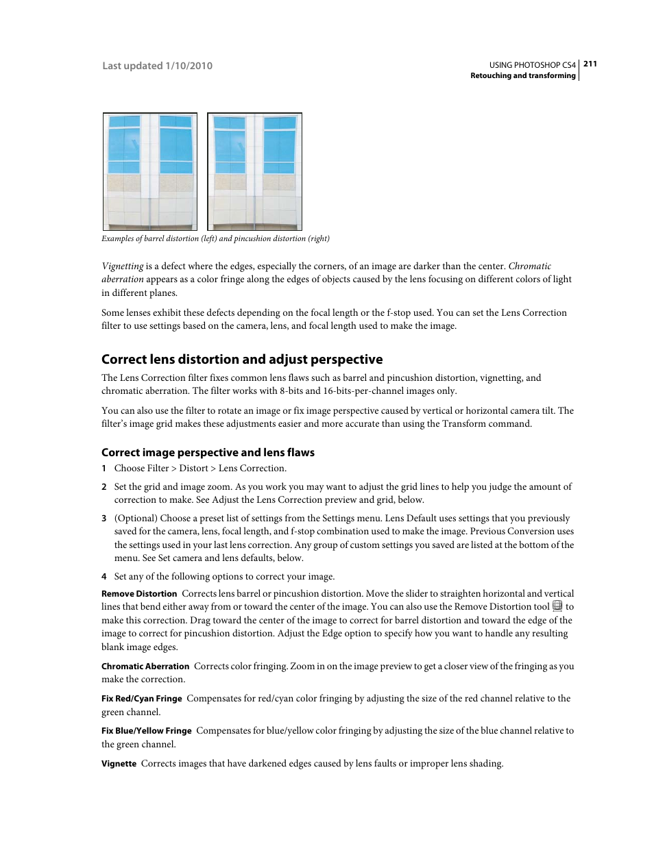 Correct lens distortion and adjust perspective, Correct image perspective and lens flaws | Adobe Photoshop CS4 User Manual | Page 218 / 707