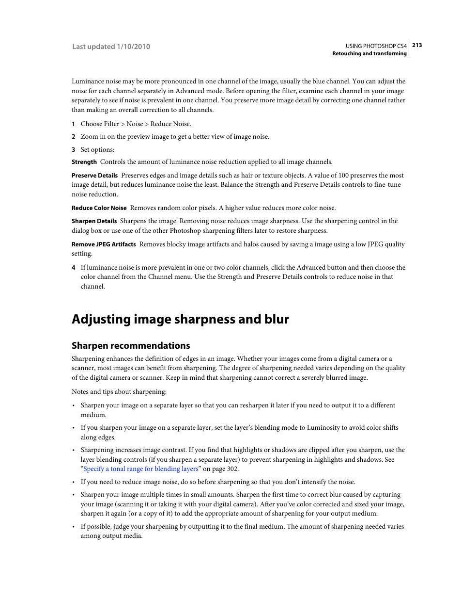 Adjusting image sharpness and blur, Sharpen recommendations, Digital camera or scanner you use. see | Adobe Photoshop CS4 User Manual | Page 220 / 707