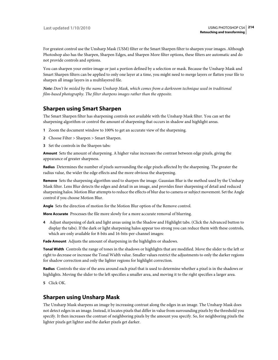 Sharpen using smart sharpen, Sharpen using unsharp mask | Adobe Photoshop CS4 User Manual | Page 221 / 707