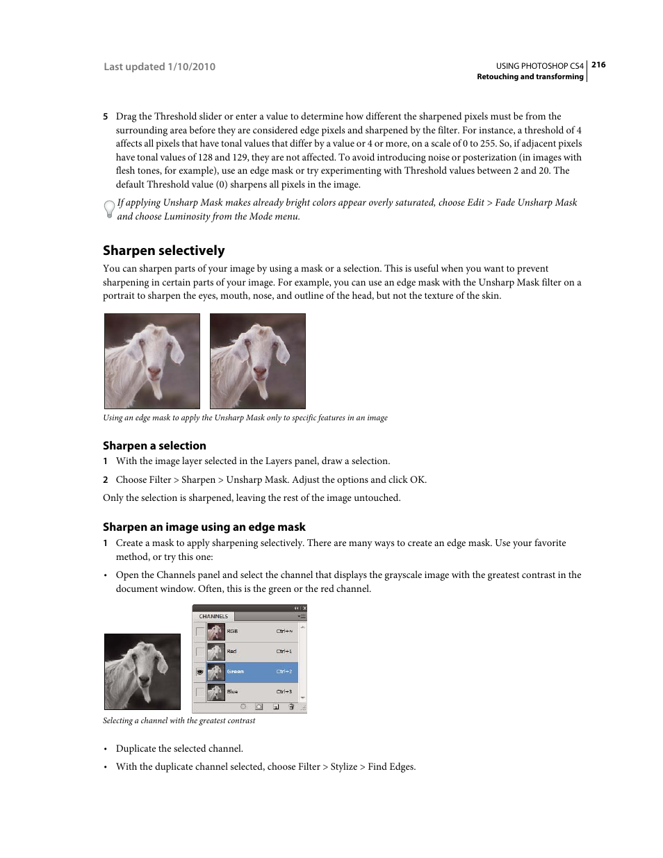 Sharpen selectively, Sharpen a selection, Sharpen an image using an edge mask | Adobe Photoshop CS4 User Manual | Page 223 / 707