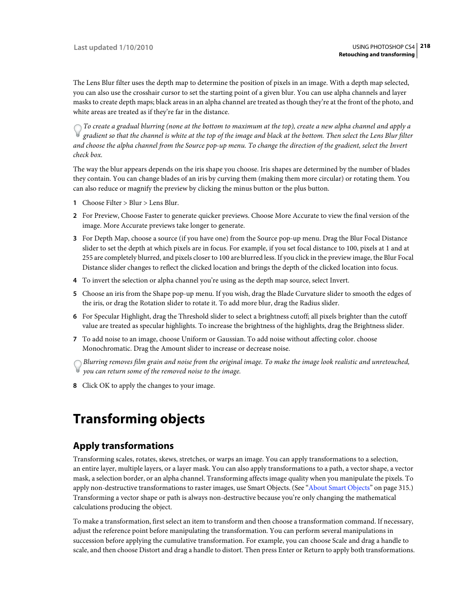 Transforming objects, Apply transformations | Adobe Photoshop CS4 User Manual | Page 225 / 707