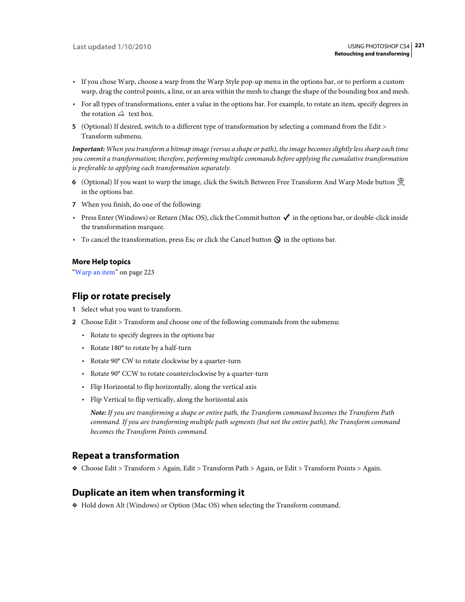 Flip or rotate precisely, Repeat a transformation, Duplicate an item when transforming it | Adobe Photoshop CS4 User Manual | Page 228 / 707