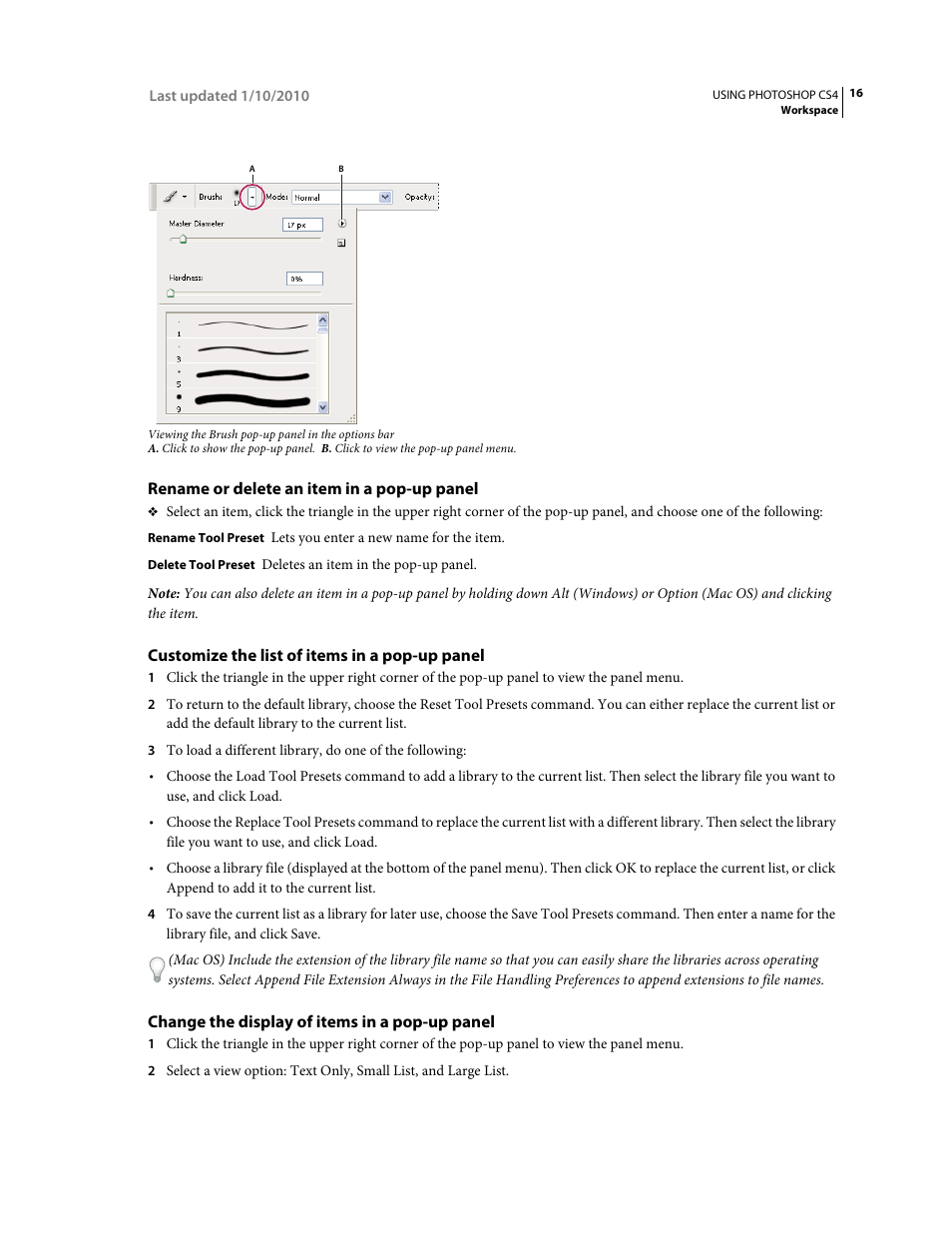 Rename or delete an item in a pop-up panel, Customize the list of items in a pop-up panel, Change the display of items in a pop-up panel | Adobe Photoshop CS4 User Manual | Page 23 / 707