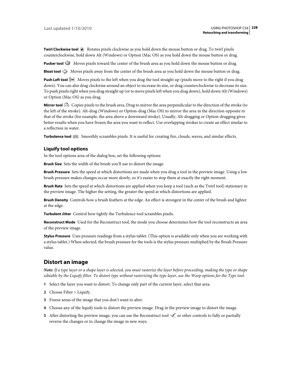 Liquify tool options, Distort an image | Adobe Photoshop CS4 User Manual | Page 235 / 707