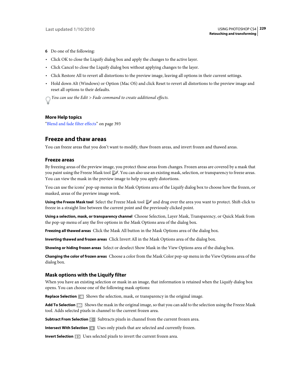 Freeze and thaw areas, Freeze areas, Mask options with the liquify filter | Adobe Photoshop CS4 User Manual | Page 236 / 707