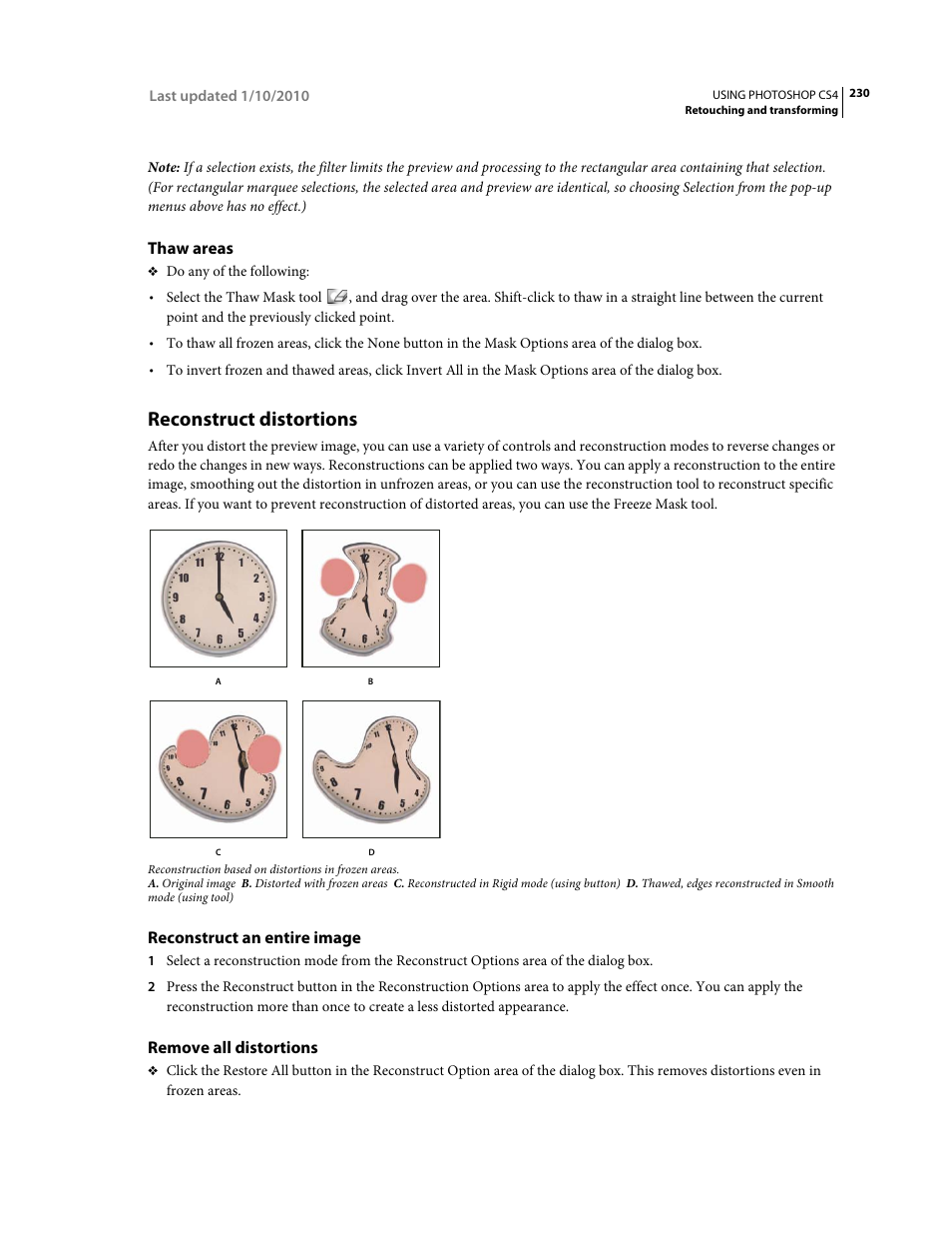 Thaw areas, Reconstruct distortions, Reconstruct an entire image | Remove all distortions | Adobe Photoshop CS4 User Manual | Page 237 / 707