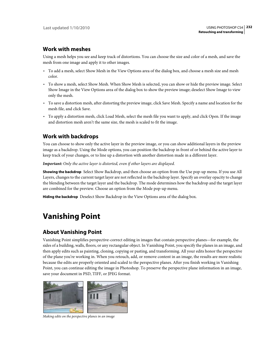 Work with meshes, Work with backdrops, Vanishing point | About vanishing point | Adobe Photoshop CS4 User Manual | Page 239 / 707