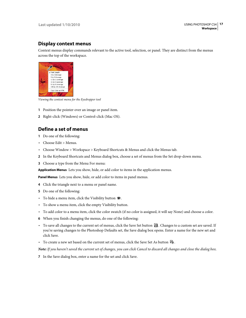 Display context menus, Define a set of menus | Adobe Photoshop CS4 User Manual | Page 24 / 707