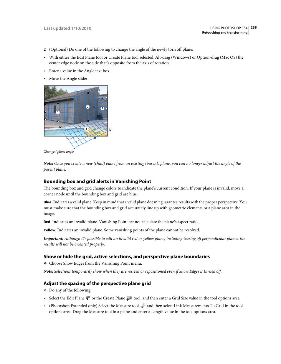 Bounding box and grid alerts in vanishing point, Adjust the spacing of the perspective plane grid | Adobe Photoshop CS4 User Manual | Page 245 / 707