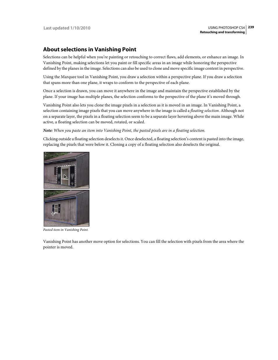 About selections in vanishing point, Information, see, About selections in vanishing | Point | Adobe Photoshop CS4 User Manual | Page 246 / 707