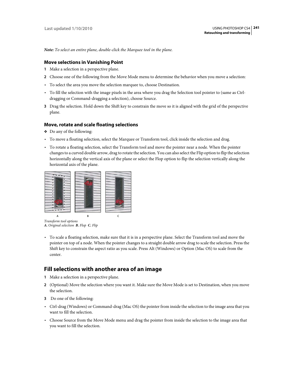 Move selections in vanishing point, Move, rotate and scale floating selections, Fill selections with another area of an image | Adobe Photoshop CS4 User Manual | Page 248 / 707