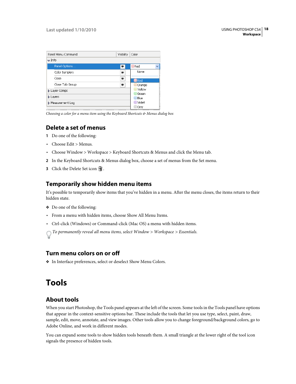 Delete a set of menus, Temporarily show hidden menu items, Turn menu colors on or off | Tools, About tools | Adobe Photoshop CS4 User Manual | Page 25 / 707