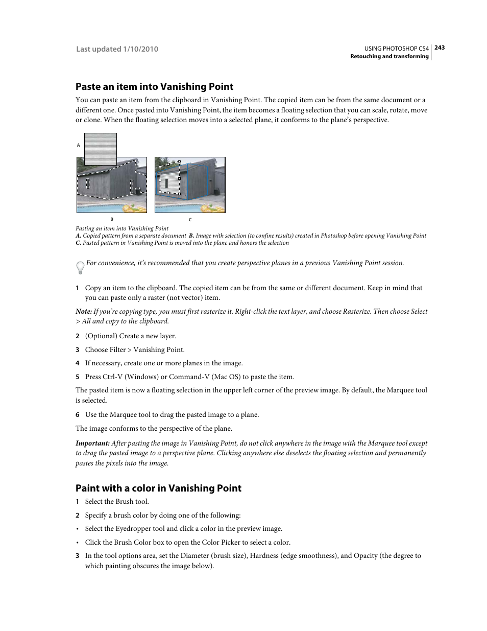 Paste an item into vanishing point, Paint with a color in vanishing point | Adobe Photoshop CS4 User Manual | Page 250 / 707