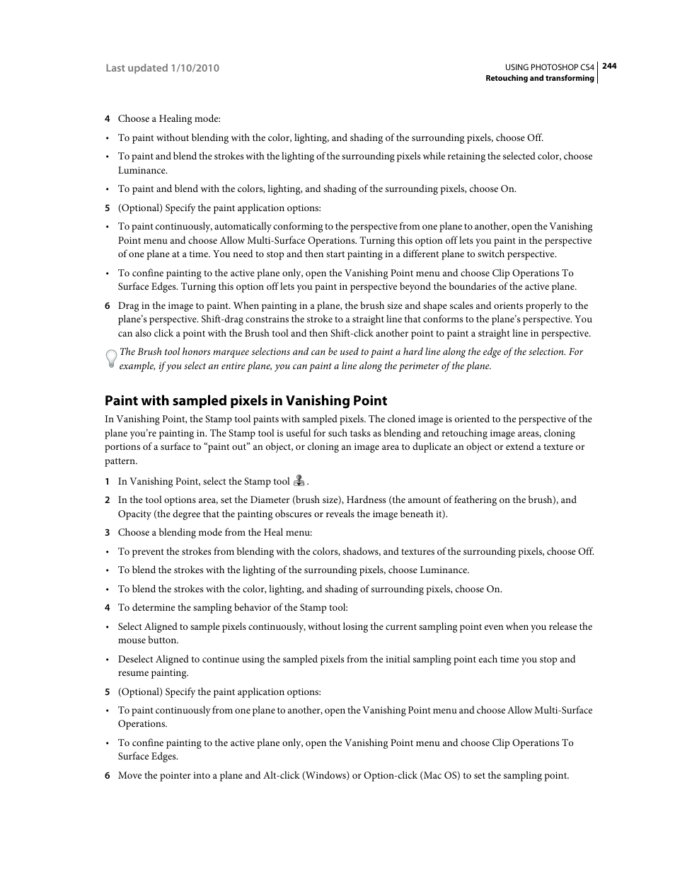 Paint with sampled pixels in vanishing point, Can’t clone elements from another image. see also | Adobe Photoshop CS4 User Manual | Page 251 / 707