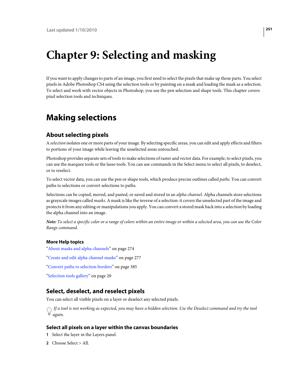 Chapter 9: selecting and masking, Making selections, About selecting pixels | Select, deselect, and reselect pixels | Adobe Photoshop CS4 User Manual | Page 258 / 707