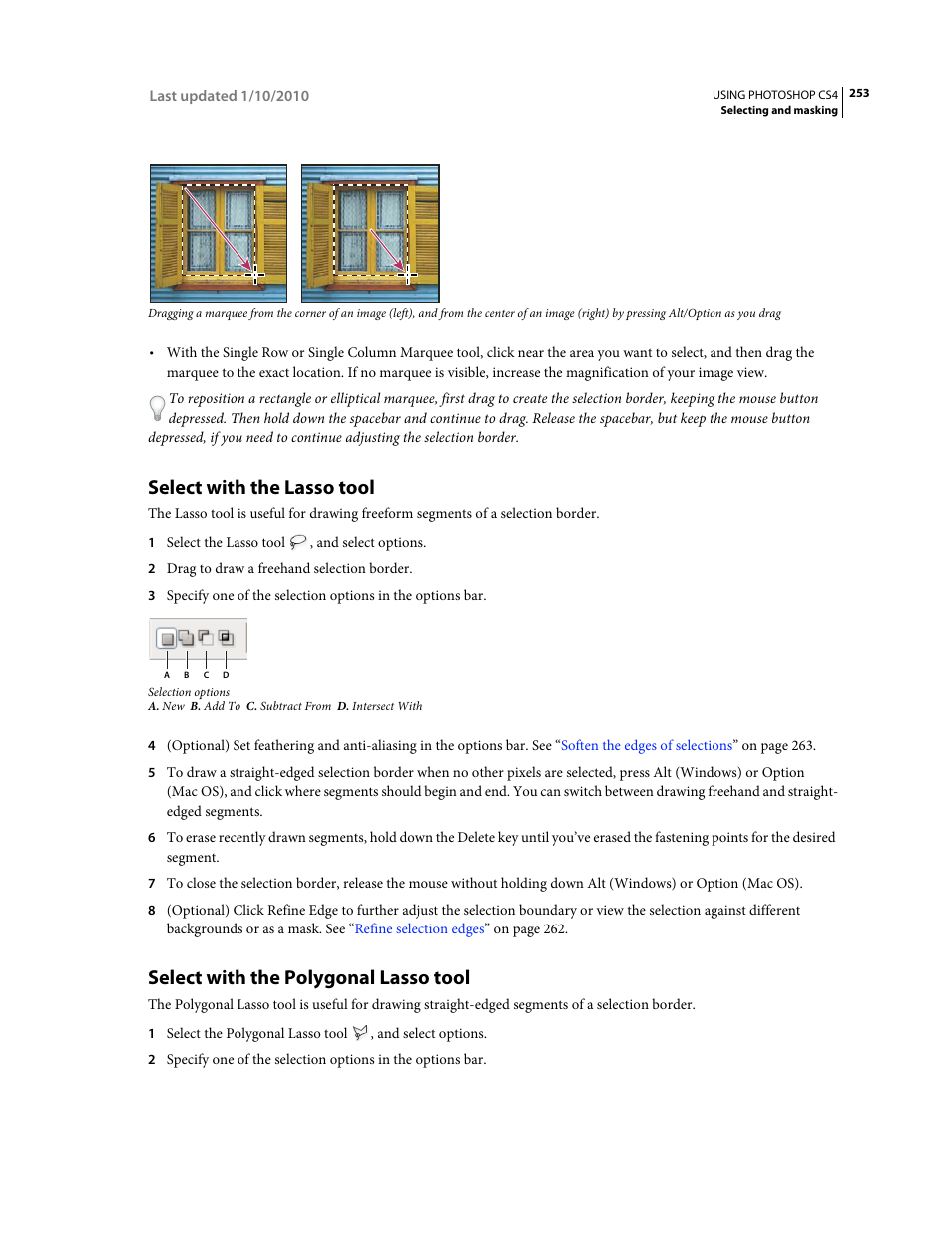 Select with the lasso tool, Select with the polygonal lasso tool | Adobe Photoshop CS4 User Manual | Page 260 / 707