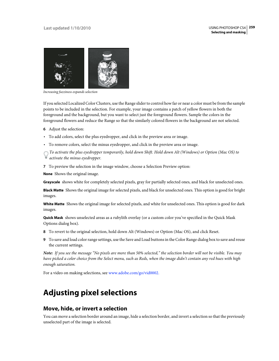 Adjusting pixel selections, Move, hide, or invert a selection | Adobe Photoshop CS4 User Manual | Page 266 / 707