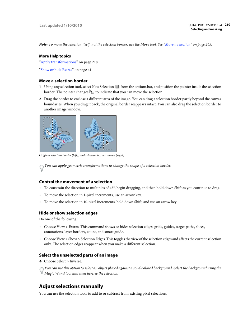 Move a selection border, Control the movement of a selection, Hide or show selection edges | Select the unselected parts of an image, Adjust selections manually | Adobe Photoshop CS4 User Manual | Page 267 / 707