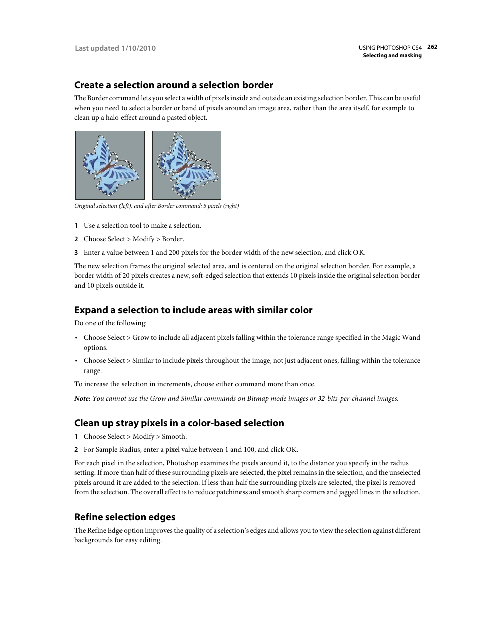 Create a selection around a selection border, Clean up stray pixels in a color-based selection, Refine selection edges | Backgrounds or as a mask. see | Adobe Photoshop CS4 User Manual | Page 269 / 707